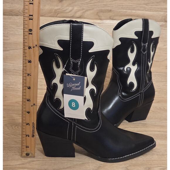 NEW Black & White Western Cowboy Boots Pointed Toe Womens Size 8 Side Zipper - Picture 7 of 9